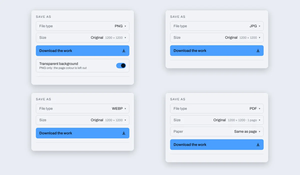 The Download menu four times, its File type on PNG, JPG, WEBP and PDF