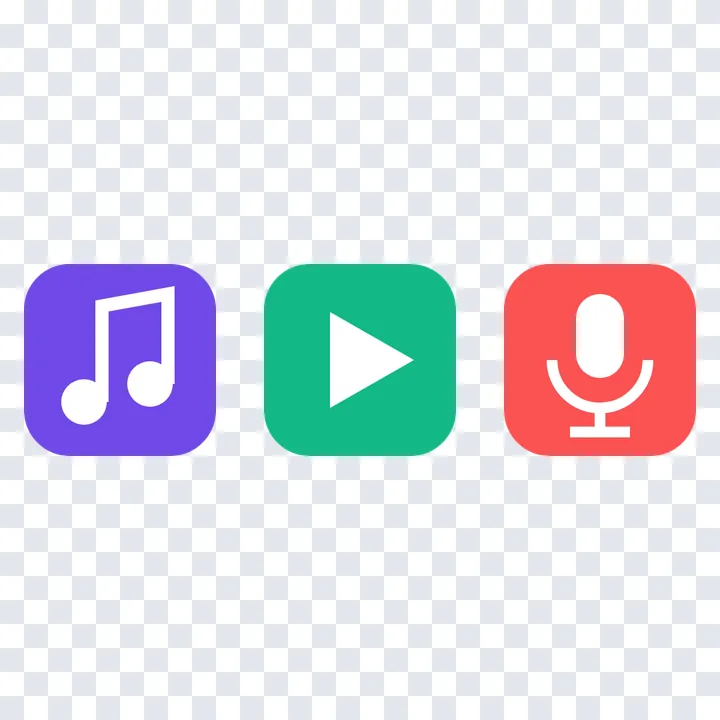 Three app icons, a music note, a play button and a microphone, on a clear background