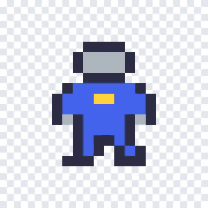 A pixel-art knight in blue armor on a clear background