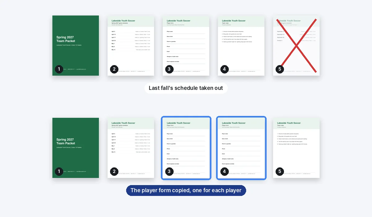 Last fall's game schedule crossed out as it is deleted, and the player form shown twice after it was copied