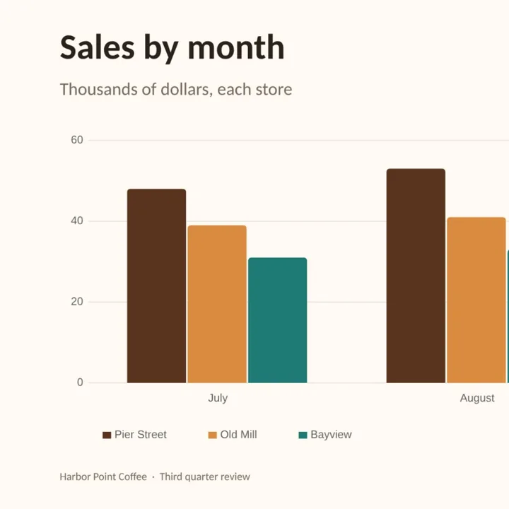 The sales by month chart, three stores in brown, caramel and teal bars