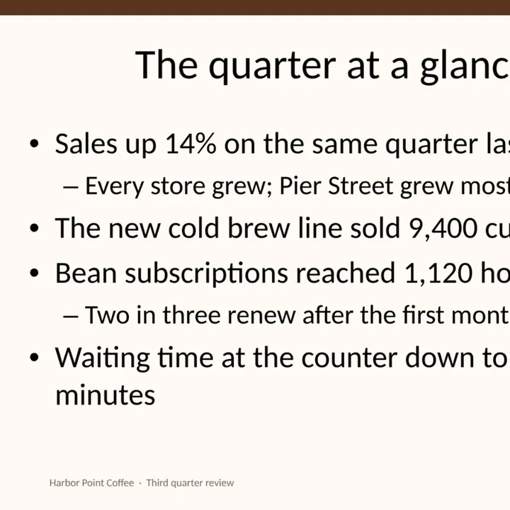 The quarter at a glance slide, its bullets in two levels