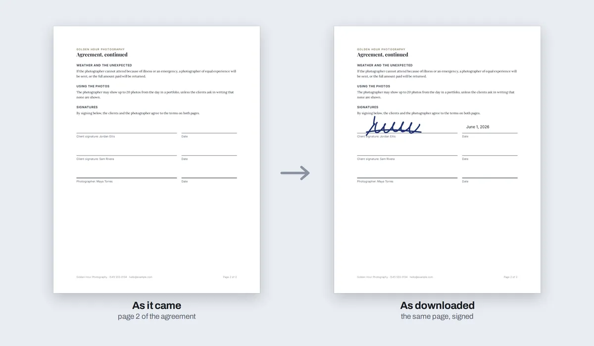 Page 2 of the photography agreement as it came and as it was downloaded, the same page with the client's signature on its line