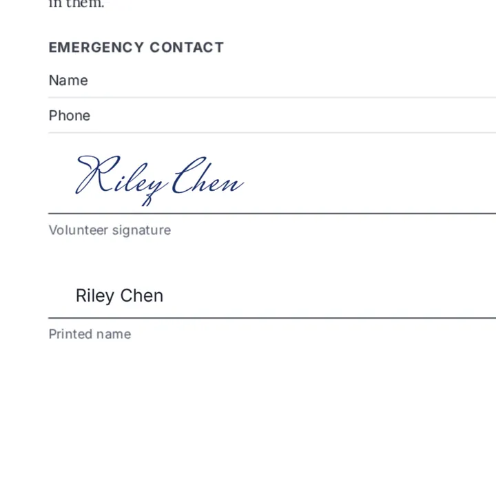 The waiver's printed name typed on its line, under the signature typed in a handwriting font