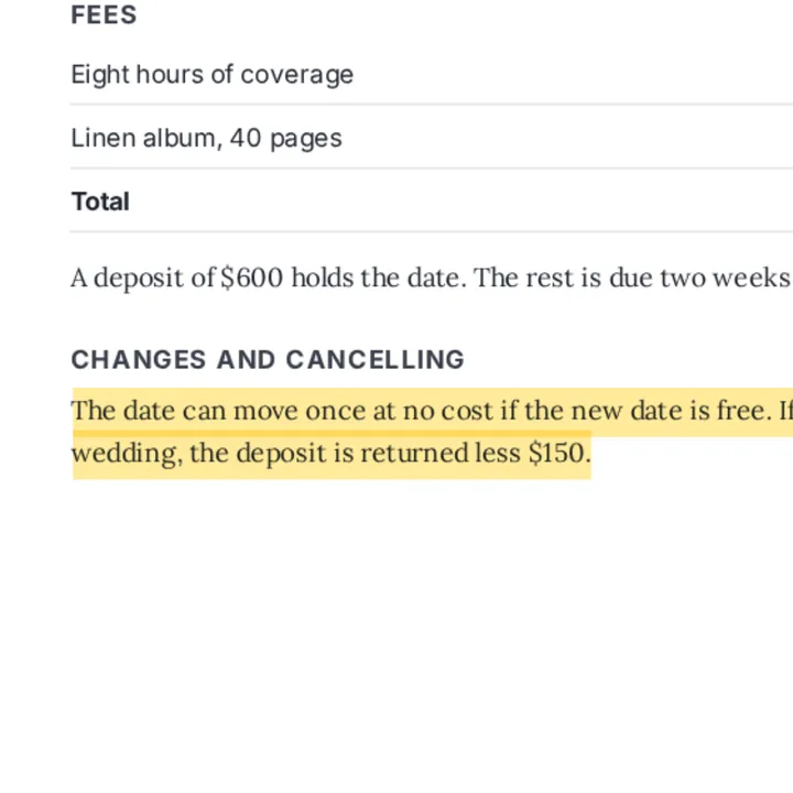 The cancelling terms of the photography agreement highlighted in yellow