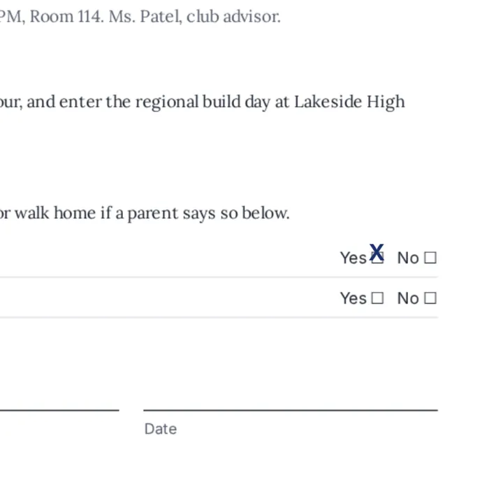 An X typed in the Yes box of the robotics club consent form