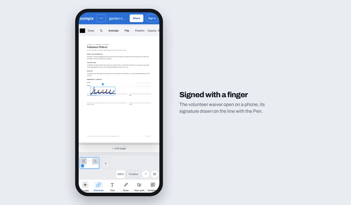 A phone showing the volunteer waiver open in Compix, signed on the line with a finger