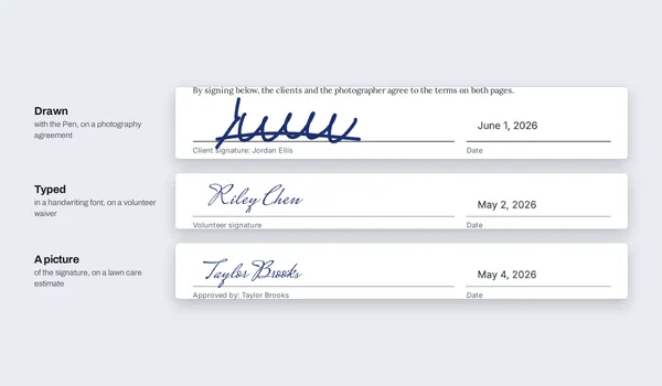 Three signatures on three documents: one drawn with the Pen on a photography agreement, one typed in a handwriting font on a volunteer waiver, one a picture of a signature on a lawn care estimate