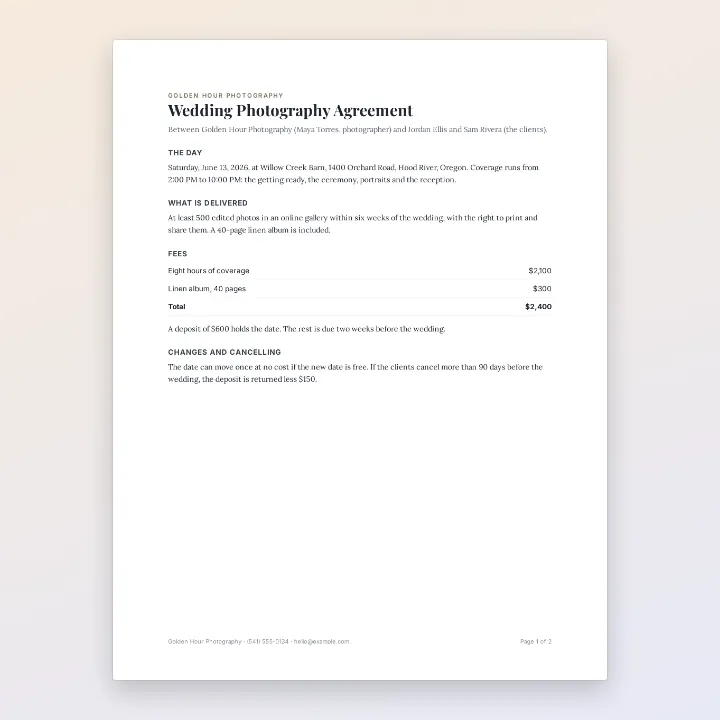 Page 1 of the Golden Hour Photography wedding photography agreement