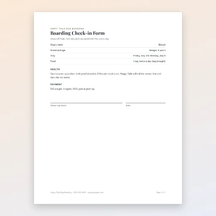The Happy Tails Dog Boarding check-in form for a beagle named Biscuit