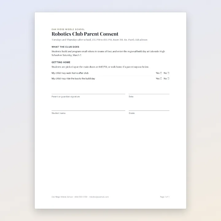 The Oak Ridge Middle School robotics club parent consent form
