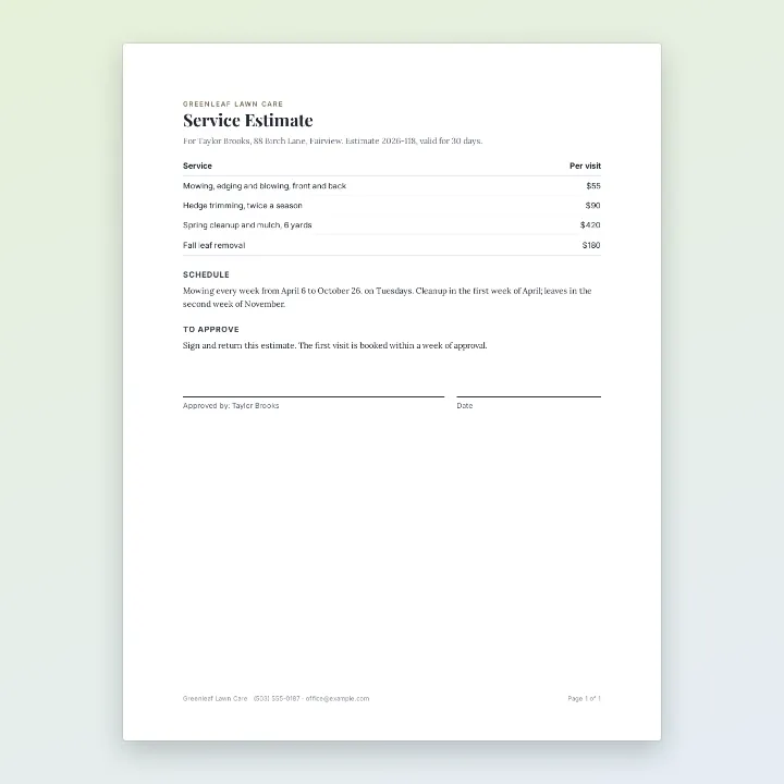 The Greenleaf Lawn Care service estimate, with an Approved by line