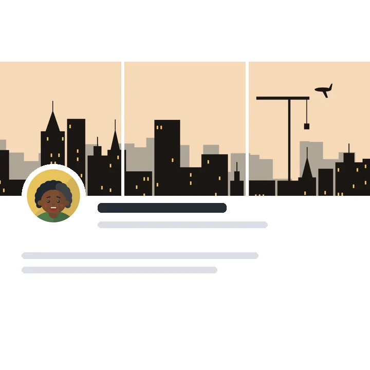 A city skyline cut into a three-piece strip behind a profile picture