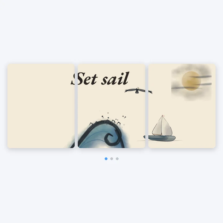 An ink-wash Set sail seascape cut into three 4:5 carousel slides