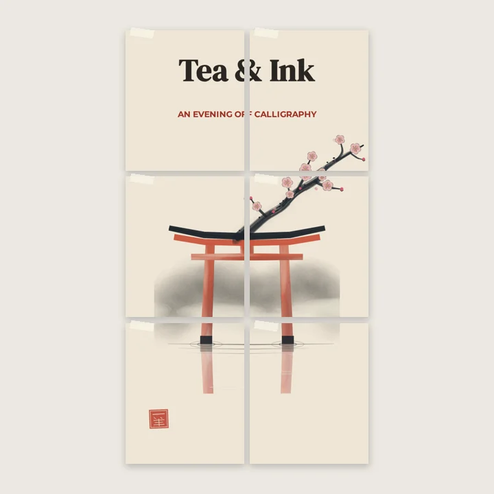 A Tea & Ink poster printed over six sheets and taped to a wall