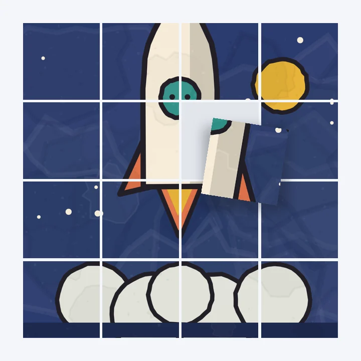 A rocket illustration cut into sixteen equal pieces, one lifted out