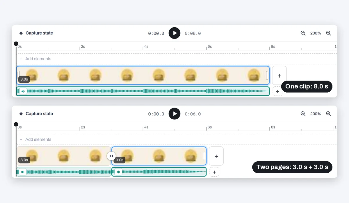 One clip and its sound on the timeline, then two pages of the same clip, each with its own sound: the first ends before the cut, the second starts after it