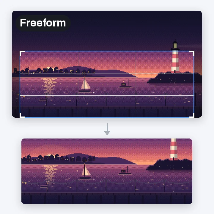 The harbour video with a wide freeform crop frame across the water