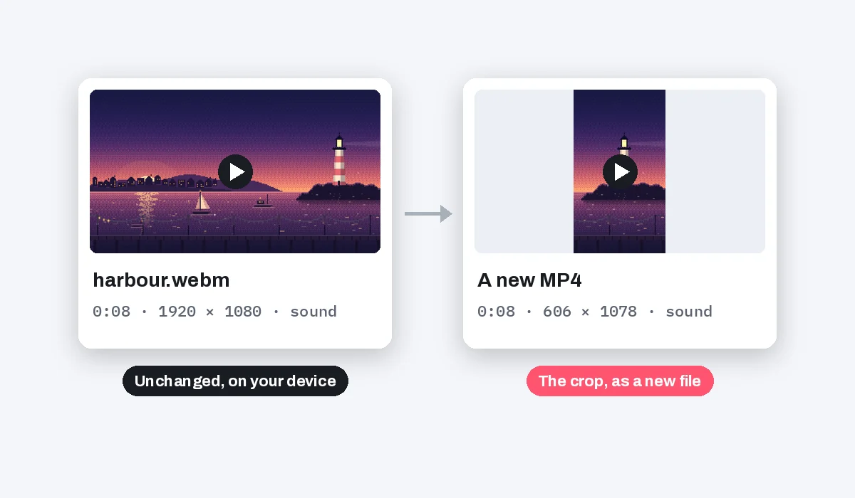 The video you dropped, 8 seconds at 1920 × 1080 with sound, and the new vertical MP4 with its sound; the original is unchanged