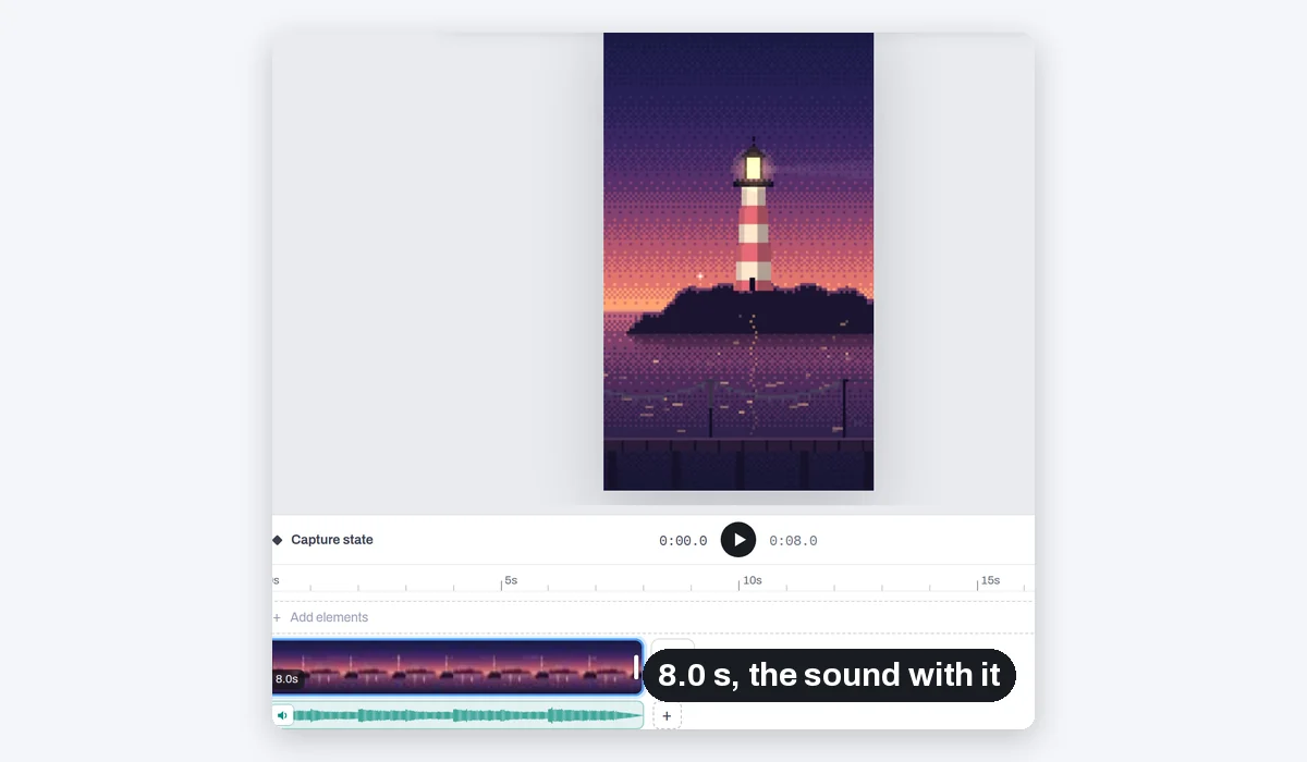 The cropped vertical video in the editor, with its clip and its sound bar on the timeline below it