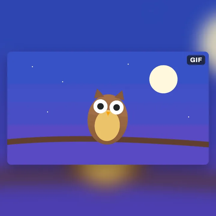 An owl blinking on a branch under a full moon, a clip saved as a GIF for a chat