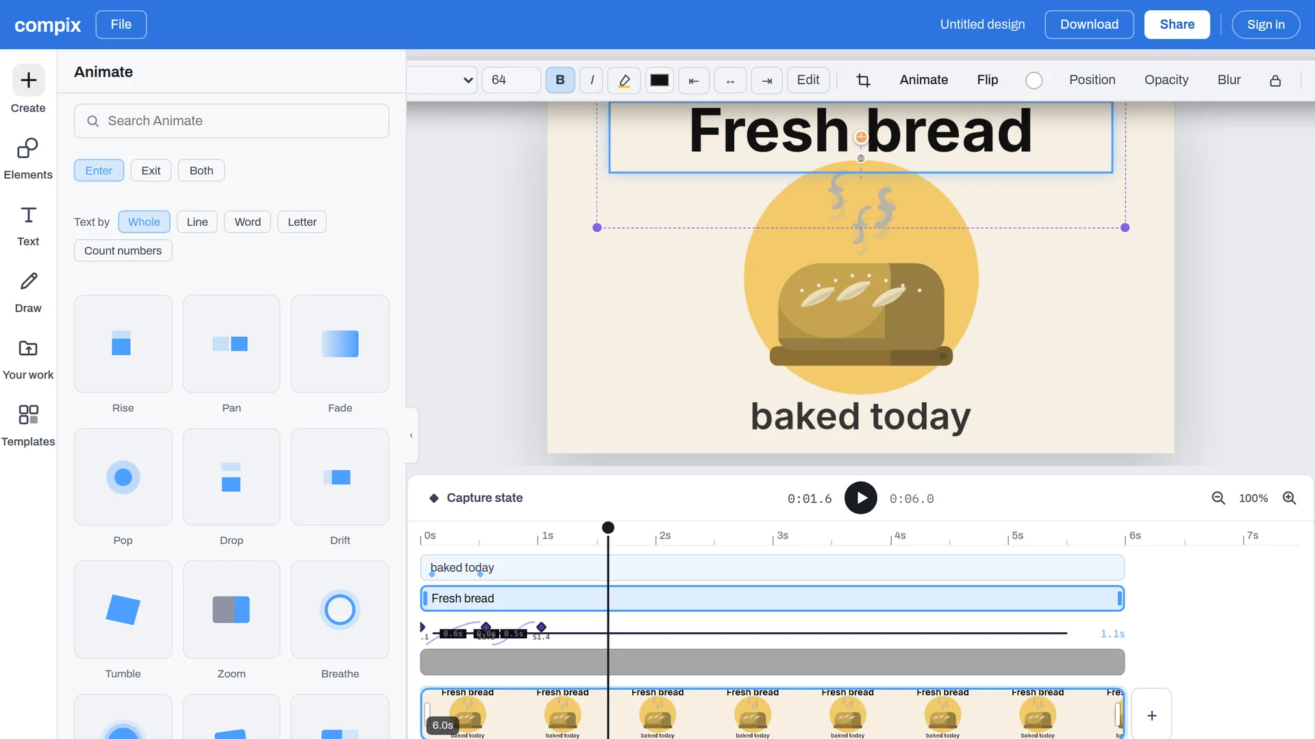 The Compix editor with a clip of a steaming loaf on a 16:9 video page, the title Fresh bread over it, and the timeline below with the clip's strip and the title's bar