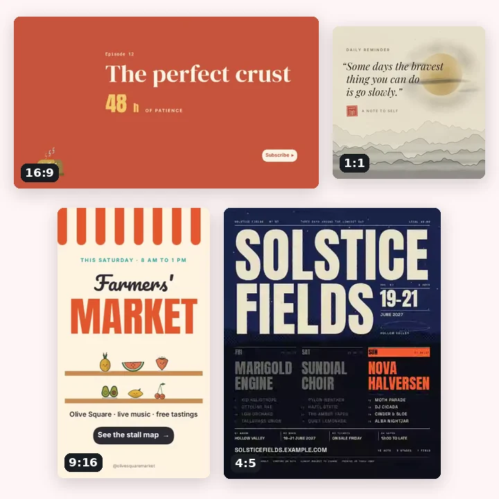 The same kind of video at four sizes: landscape, portrait, square and 4:5