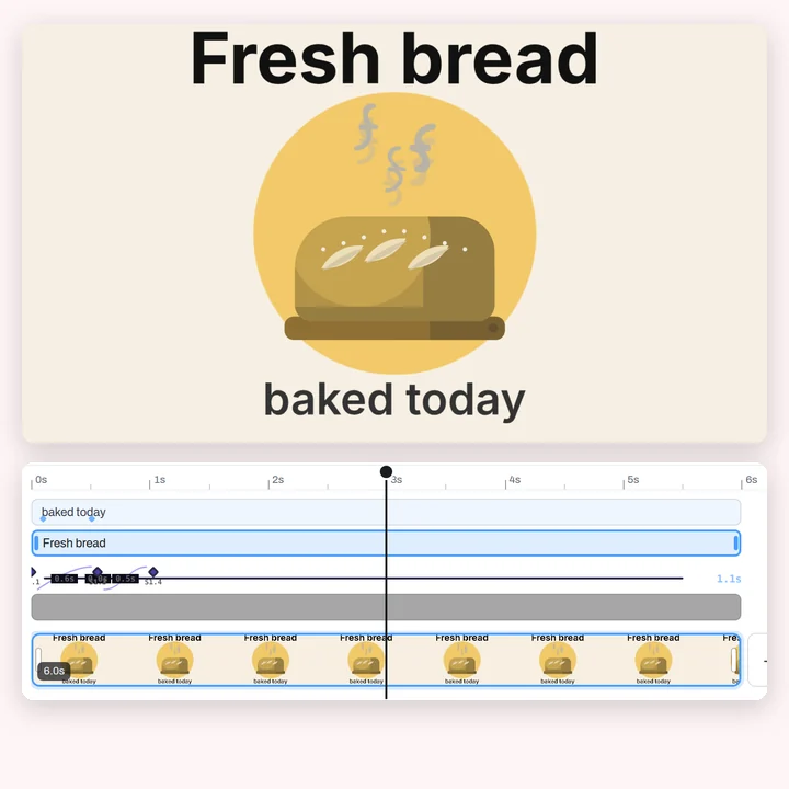 A clip of a steaming loaf with the title Fresh bread and the words baked this morning set over it