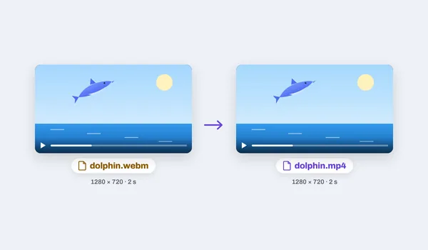 A dolphin leaping from the sea, the WebM and the MP4 made from it side by side at the same size and length