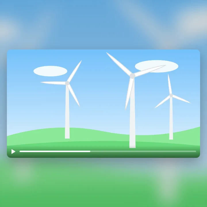 Three wind turbines turning on green hills, a clip saved as MP4 for a slide deck