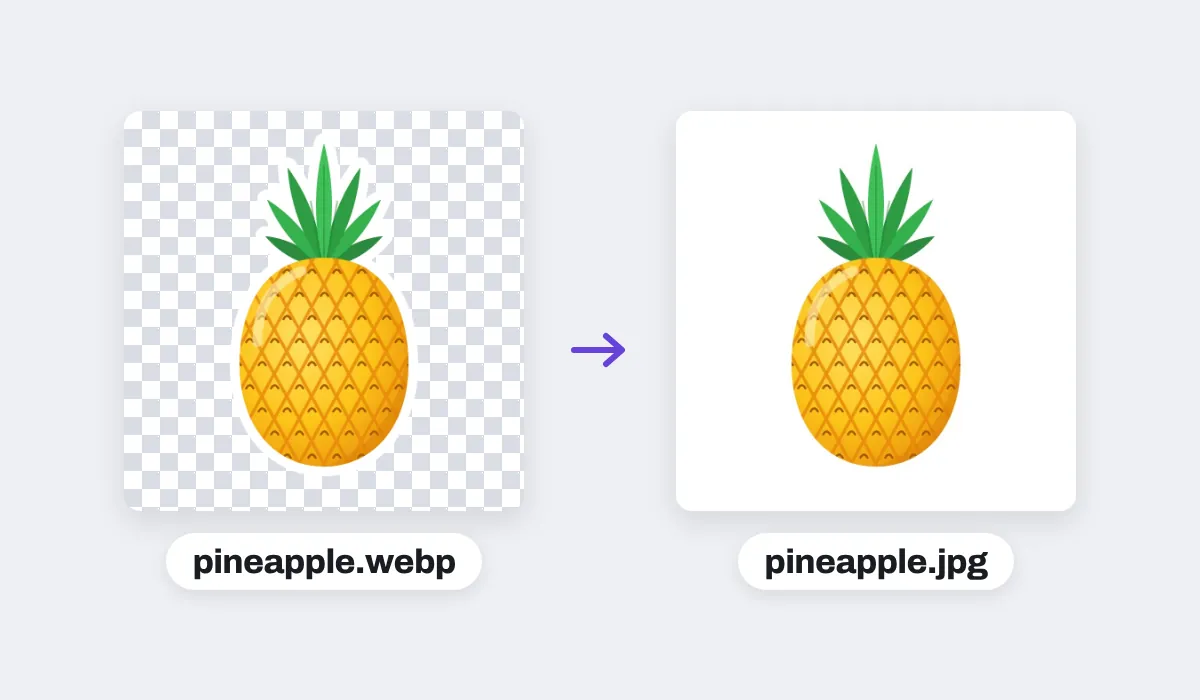 A pineapple sticker saved as a WebP with a see-through background, shown on a checkerboard, and the JPEG made from it, pineapple.jpg, its background white