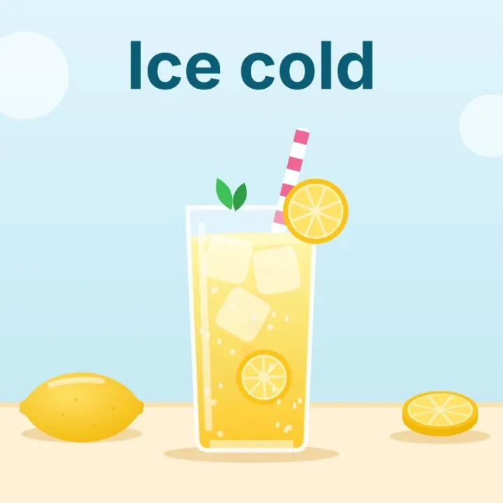 A glass of lemonade with ice and a striped straw, with the words Ice cold typed above it, saved as a JPEG