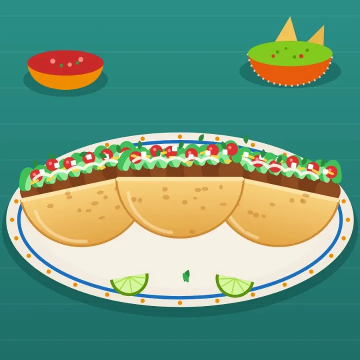 Three tacos on a patterned plate with lime wedges, salsa and guacamole, saved as a WebP, as a JPEG