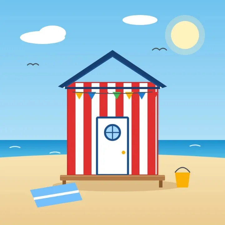 A red and white striped beach hut on the sand by the sea, saved as a WebP, as a JPEG