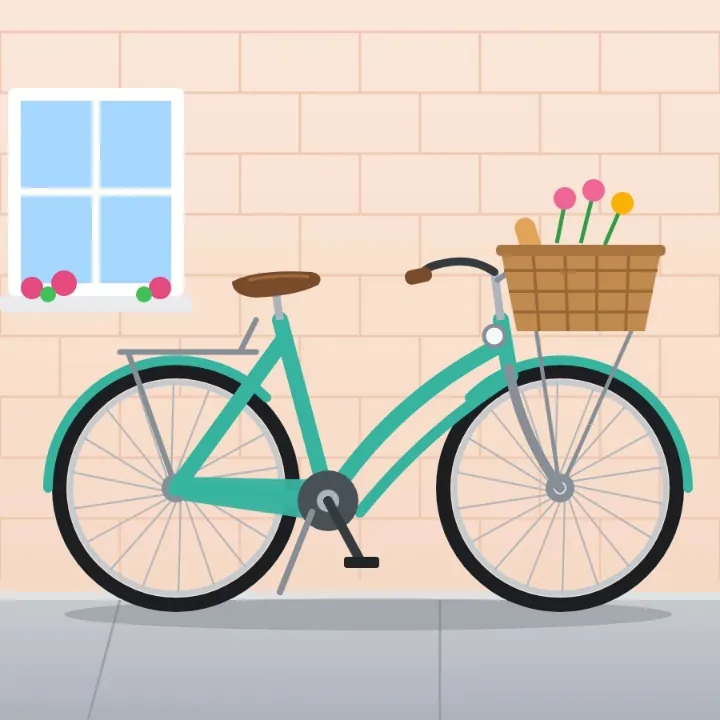 A mint green city bicycle with a wicker basket of bread and flowers, saved as a WebP, as a JPEG