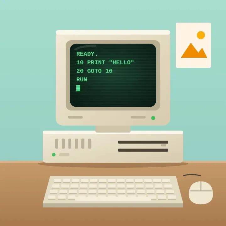 A beige retro desktop computer with a green-text screen, a keyboard and a mouse, saved as a WebP, as a JPEG