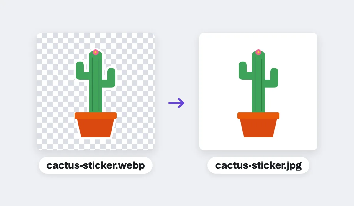 A cactus sticker saved as a WebP with a see-through background, shown on a checkerboard, and the JPG made from it, its background white