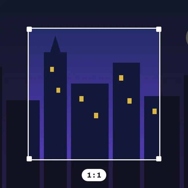 A city skyline at night with a square crop frame drawn over its middle, the parts outside it dimmed
