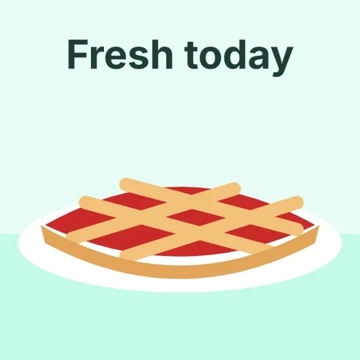 A cherry pie picture with the words Fresh today typed above it, saved as a JPG
