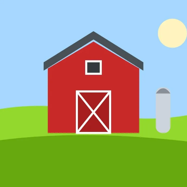 A red barn on a green hill under a blue sky, saved as a WebP, as a JPG