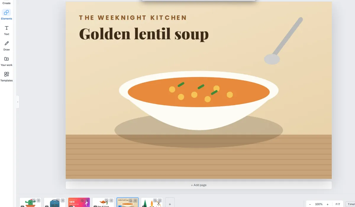 The editor with a lentil soup picture on its page, and the strip below with six WebP images as six pages: a sticker, a daypack, a banner, a logo, the soup and camping icons