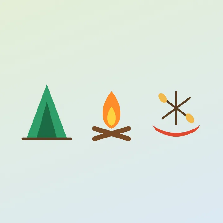 Three camping icons: a tent, a campfire and a kayak