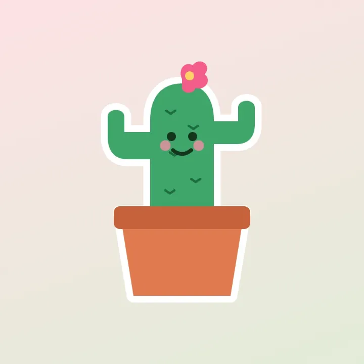 A cartoon cactus sticker in a pot, with a white outline