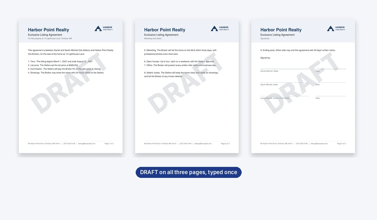 The three pages of the listing agreement side by side, each with a big faint gray DRAFT running corner to corner across it