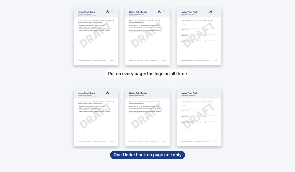 The strip of pages with the logo on all three, then on the first page only after one Undo