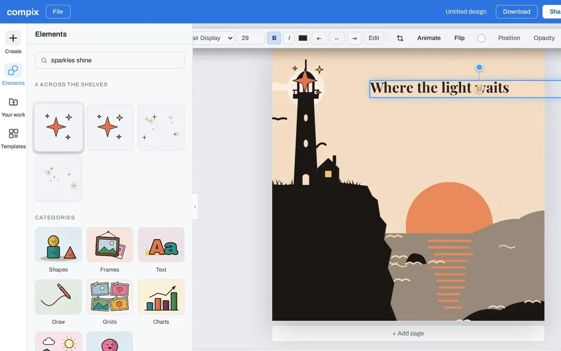 The Compix photo editor with a lighthouse design and the sticker shelf