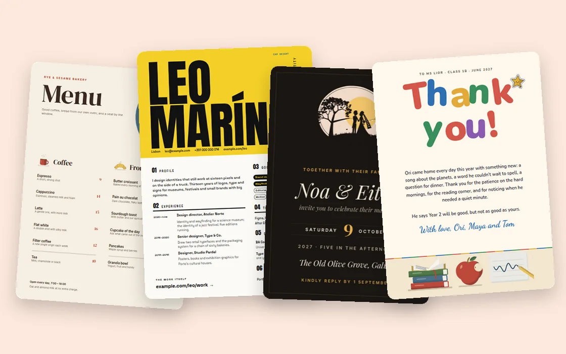 A menu, a résumé, a wedding invitation and a thank-you letter, all Compix templates