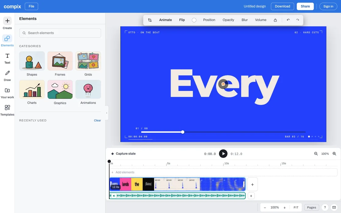 The Compix video editor: the On the beat clip on a video page at the word Every, its strip on the timeline with its sound under it
