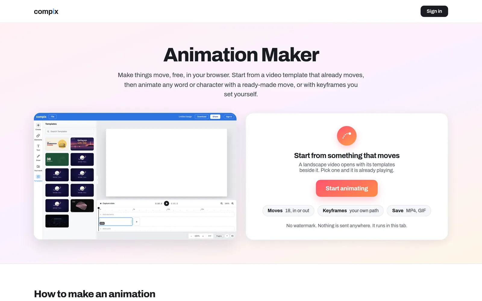 Start animating opens a landscape video in Compix with its templates; the Sourdough Diaries template plays, its title rises in letter by letter with Rise, and the Download menu offers an MP4