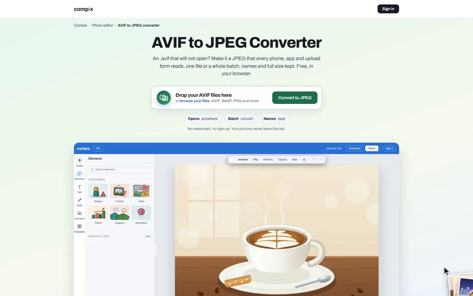 The AVIF to JPEG converter page, its drop box, and below it the Compix editor with a cup of espresso, one of three pictures made as AVIF files, open on its page